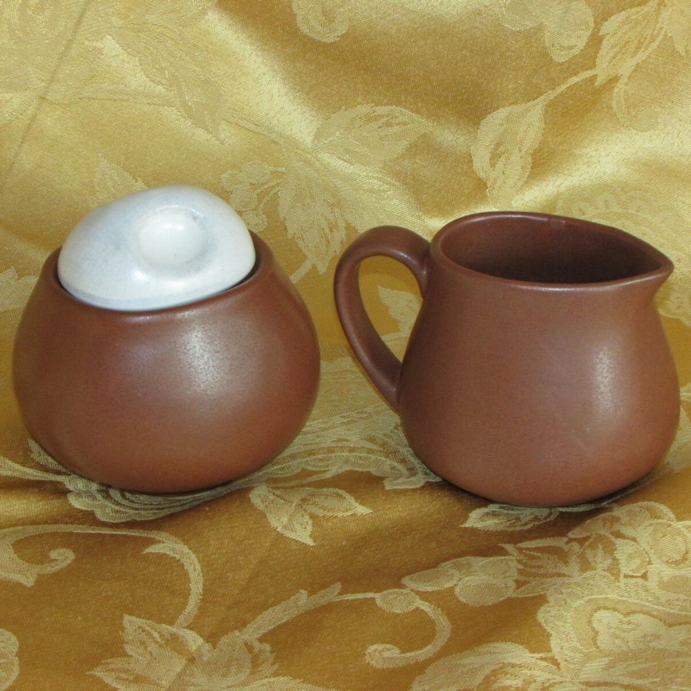 Sango Sienna Linen Creamer & Covered Sugar Bowl 4958 Brown Vintage